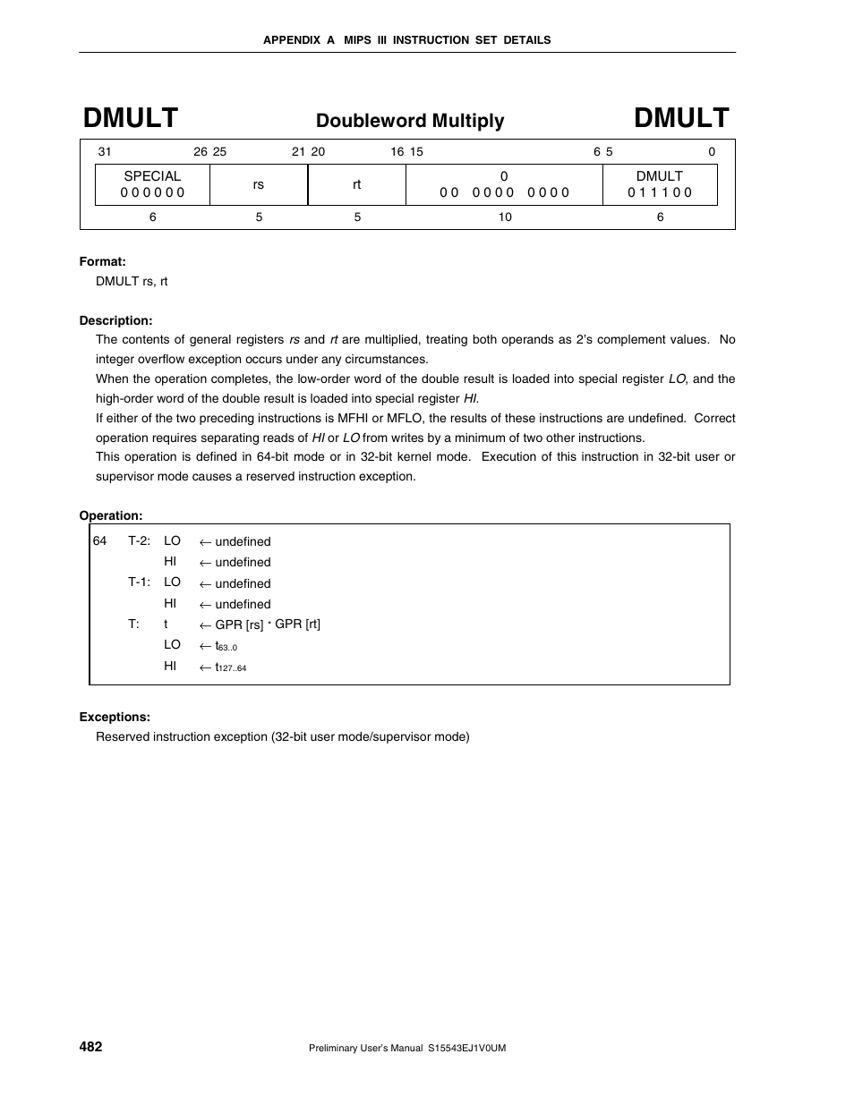 Dmult, Doubleword multiply | NEC Network Controller uPD98502 User Manual | Page 482 / 595