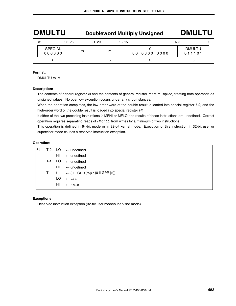 Dmultu, Doubleword multiply unsigned | NEC Network Controller uPD98502 User Manual | Page 483 / 595