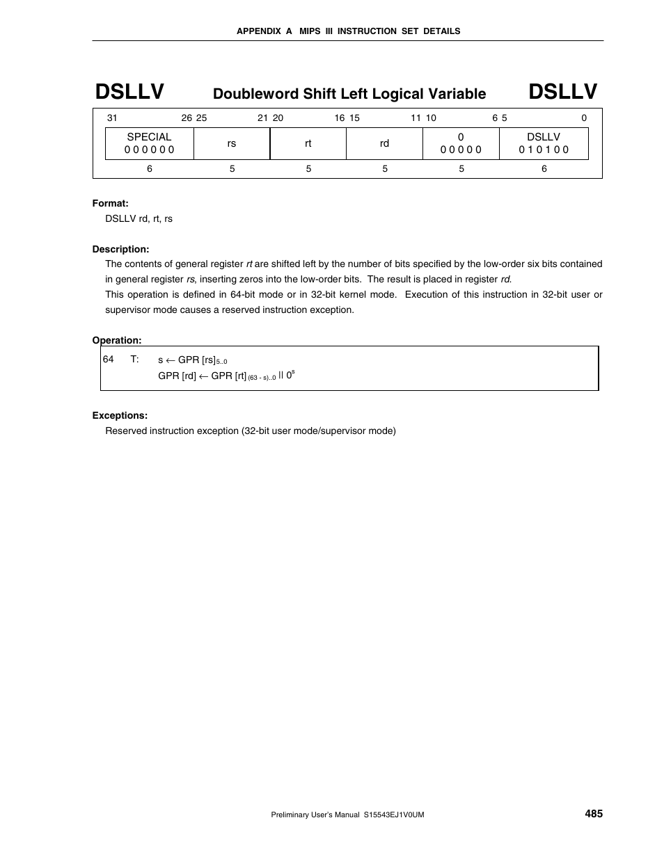 Dsllv, Doubleword shift left logical variable | NEC Network Controller uPD98502 User Manual | Page 485 / 595