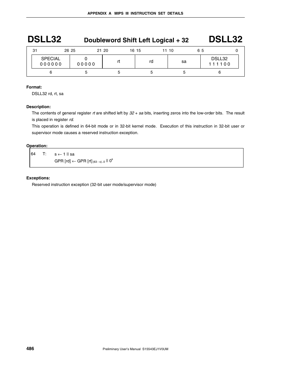 Dsll32, Doubleword shift left logical + 32 | NEC Network Controller uPD98502 User Manual | Page 486 / 595