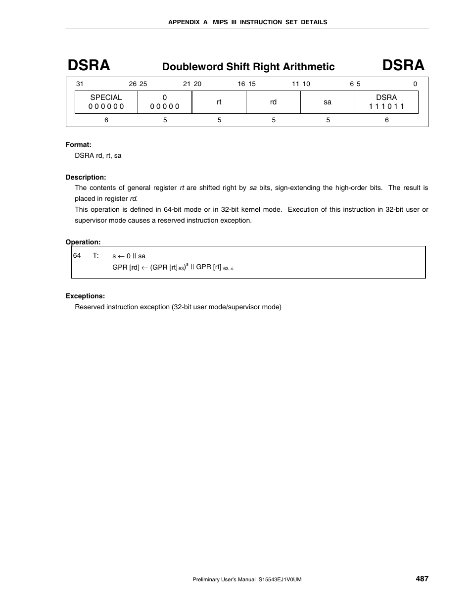 Dsra, Doubleword shift right arithmetic | NEC Network Controller uPD98502 User Manual | Page 487 / 595