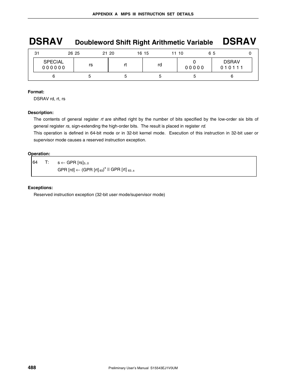 Dsrav, Doubleword shift right arithmetic variable | NEC Network Controller uPD98502 User Manual | Page 488 / 595