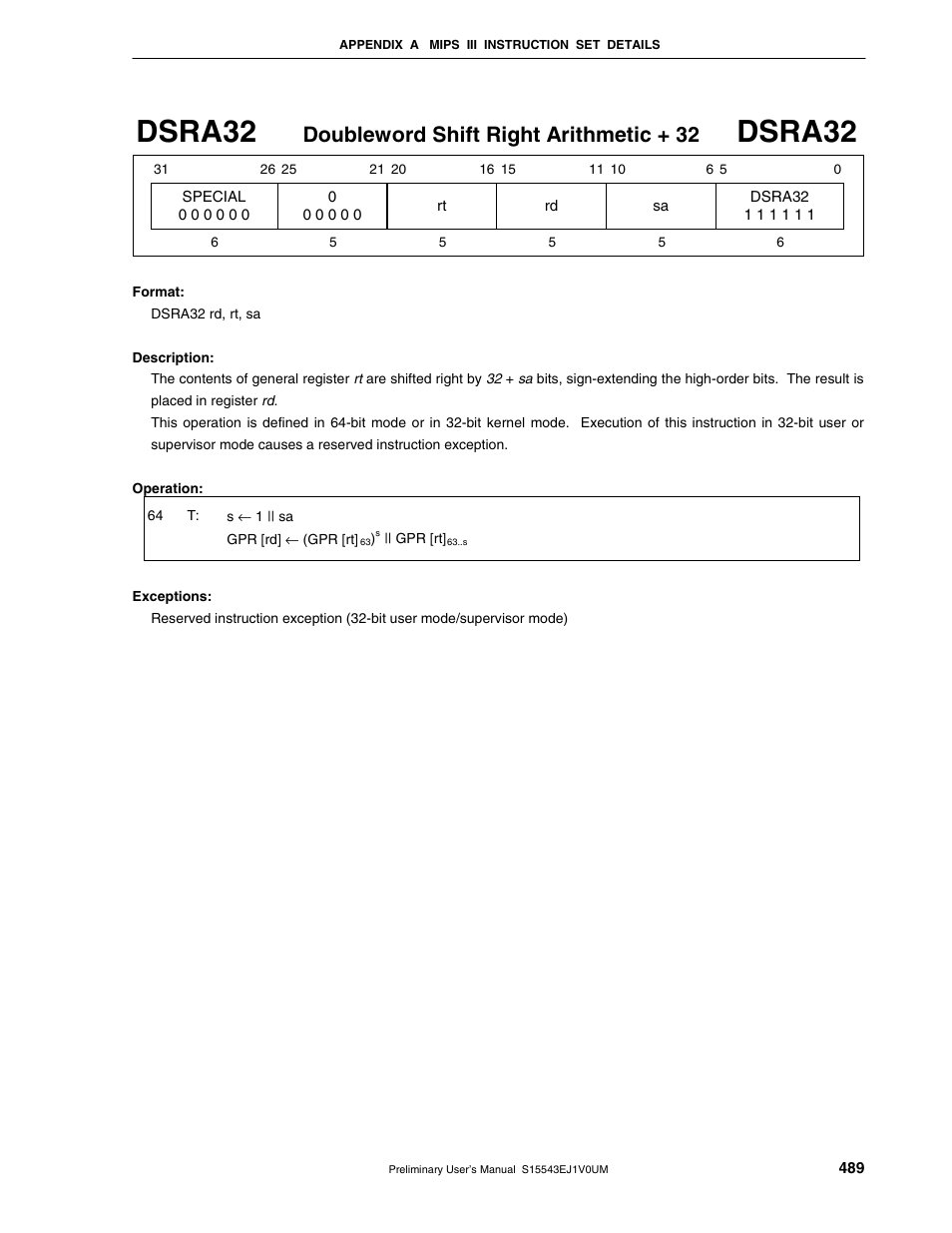 Dsra32, Doubleword shift right arithmetic + 32 | NEC Network Controller uPD98502 User Manual | Page 489 / 595