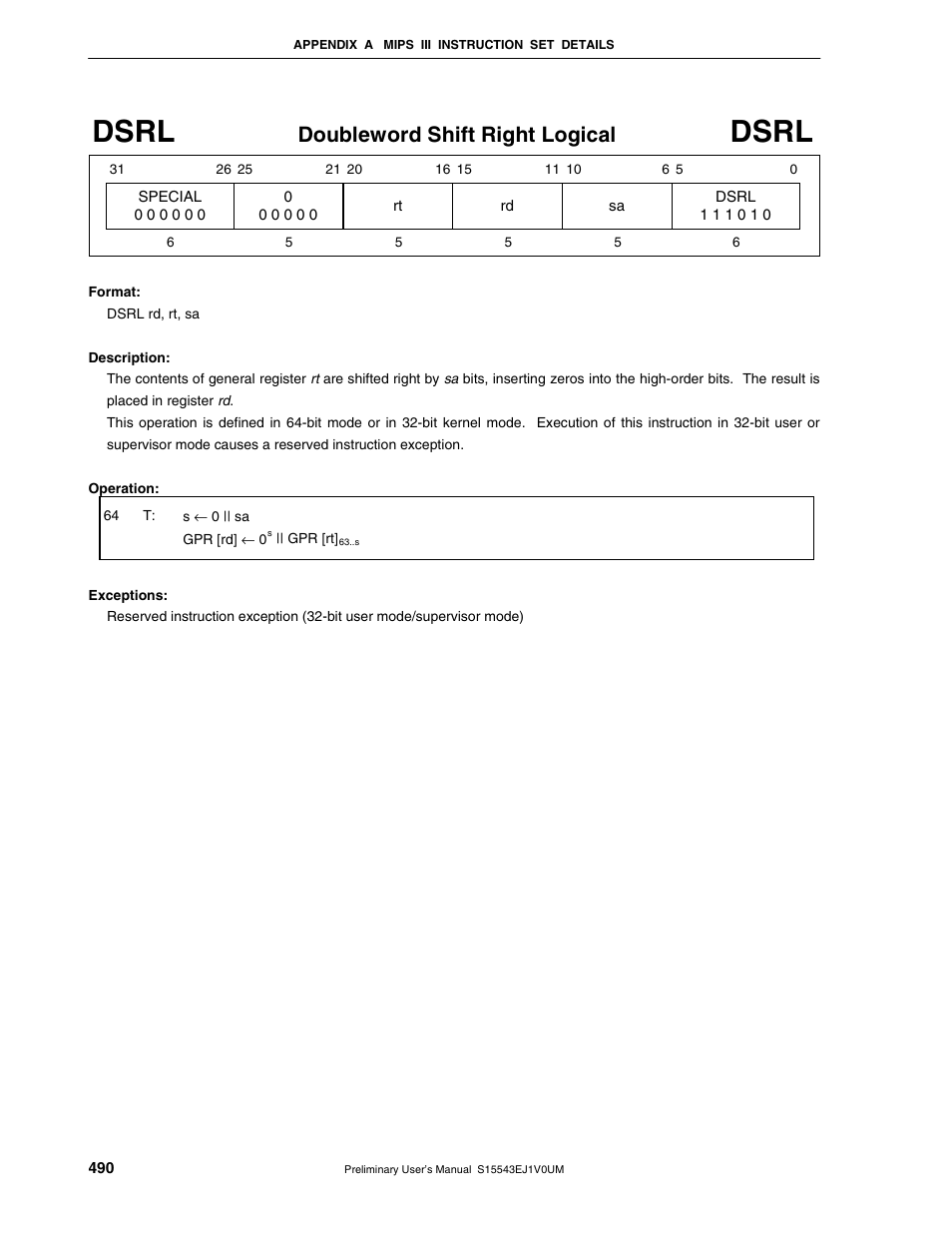 Dsrl, Doubleword shift right logical | NEC Network Controller uPD98502 User Manual | Page 490 / 595