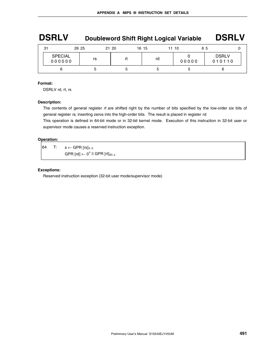 Dsrlv, Doubleword shift right logical variable | NEC Network Controller uPD98502 User Manual | Page 491 / 595