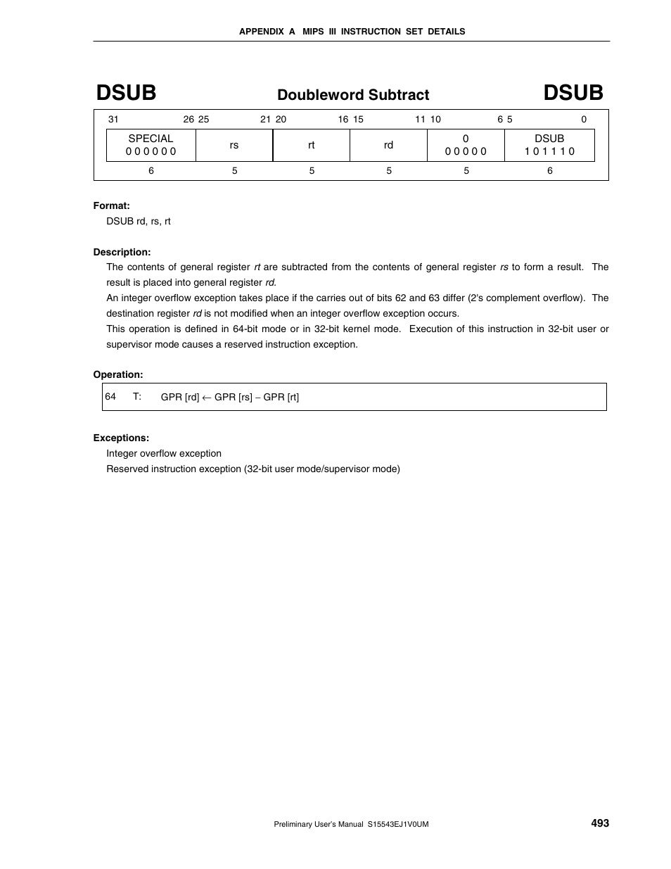 Dsub, Doubleword subtract | NEC Network Controller uPD98502 User Manual | Page 493 / 595