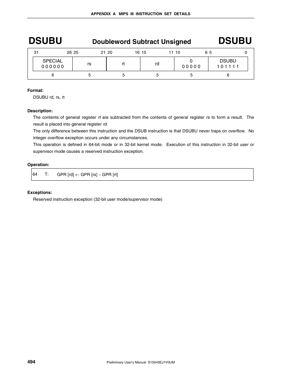 Dsubu, Doubleword subtract unsigned | NEC Network Controller uPD98502 User Manual | Page 494 / 595