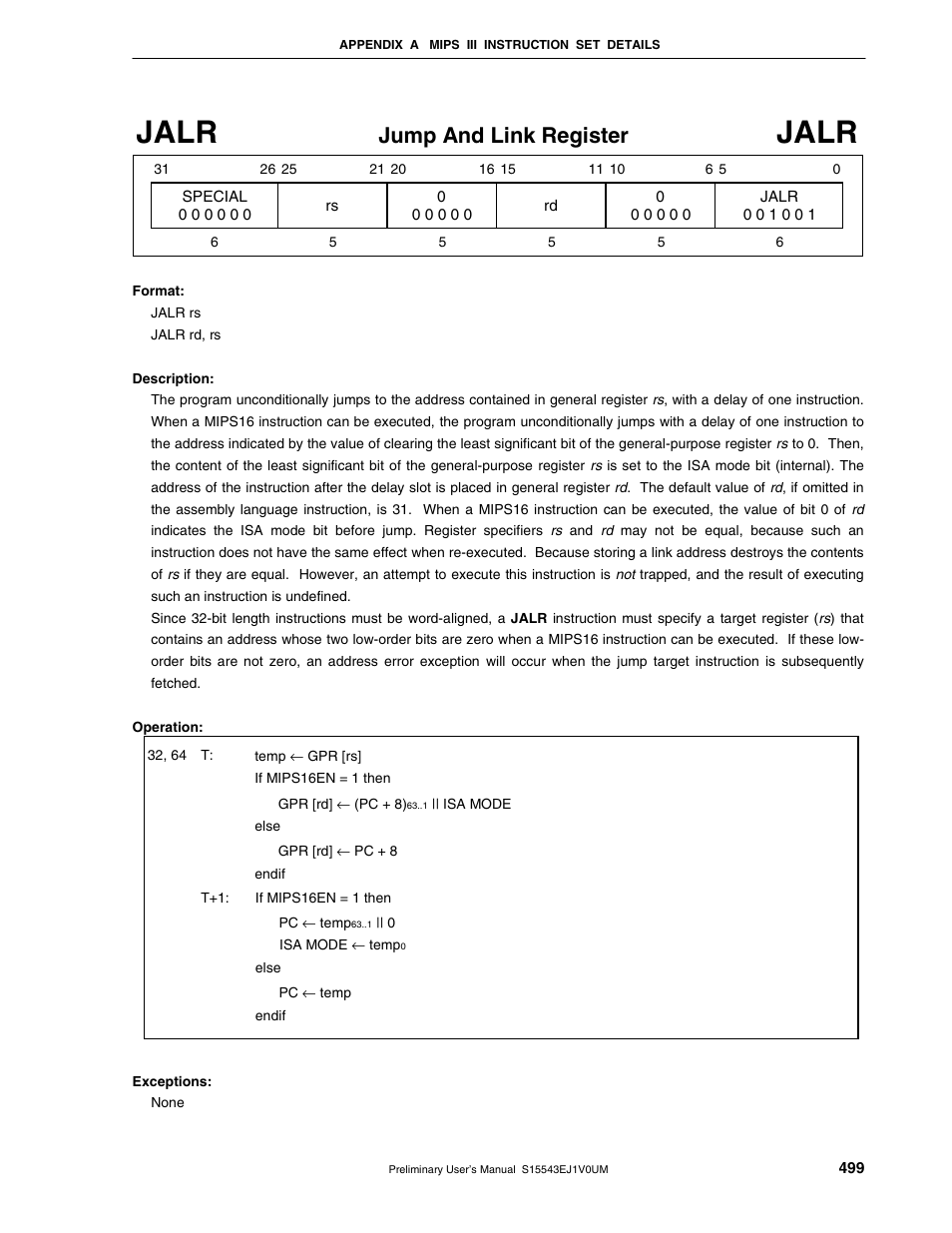 Jalr, Jump and link register | NEC Network Controller uPD98502 User Manual | Page 499 / 595