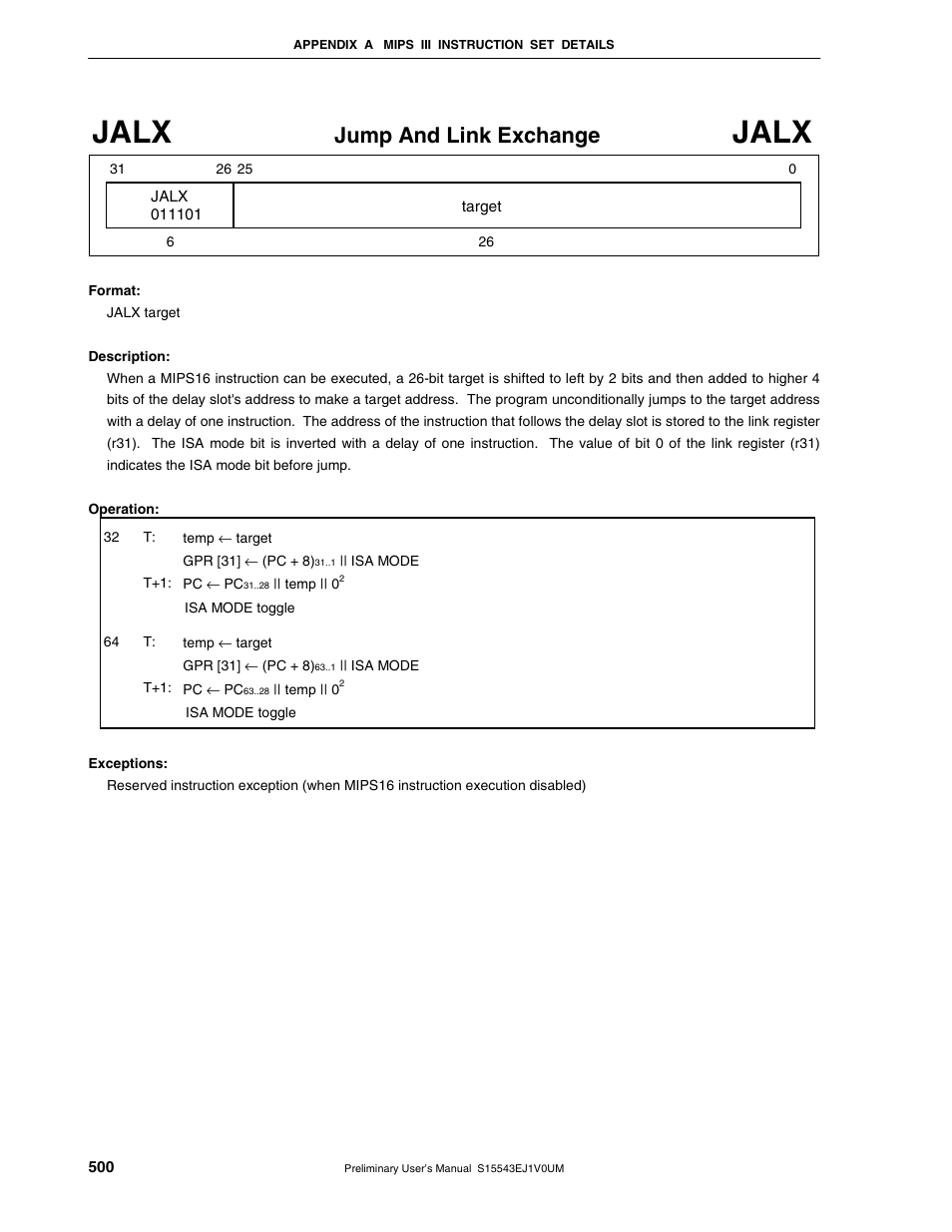 Jalx, Jump and link exchange | NEC Network Controller uPD98502 User Manual | Page 500 / 595