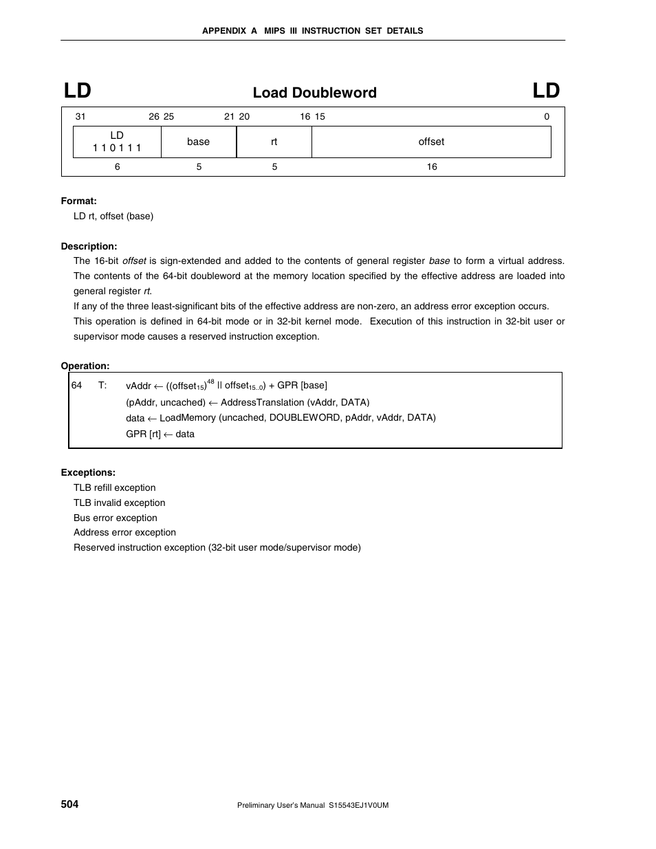 Load doubleword | NEC Network Controller uPD98502 User Manual | Page 504 / 595