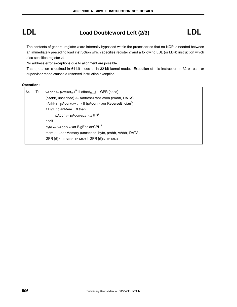 Load doubleword left (2/3) | NEC Network Controller uPD98502 User Manual | Page 506 / 595