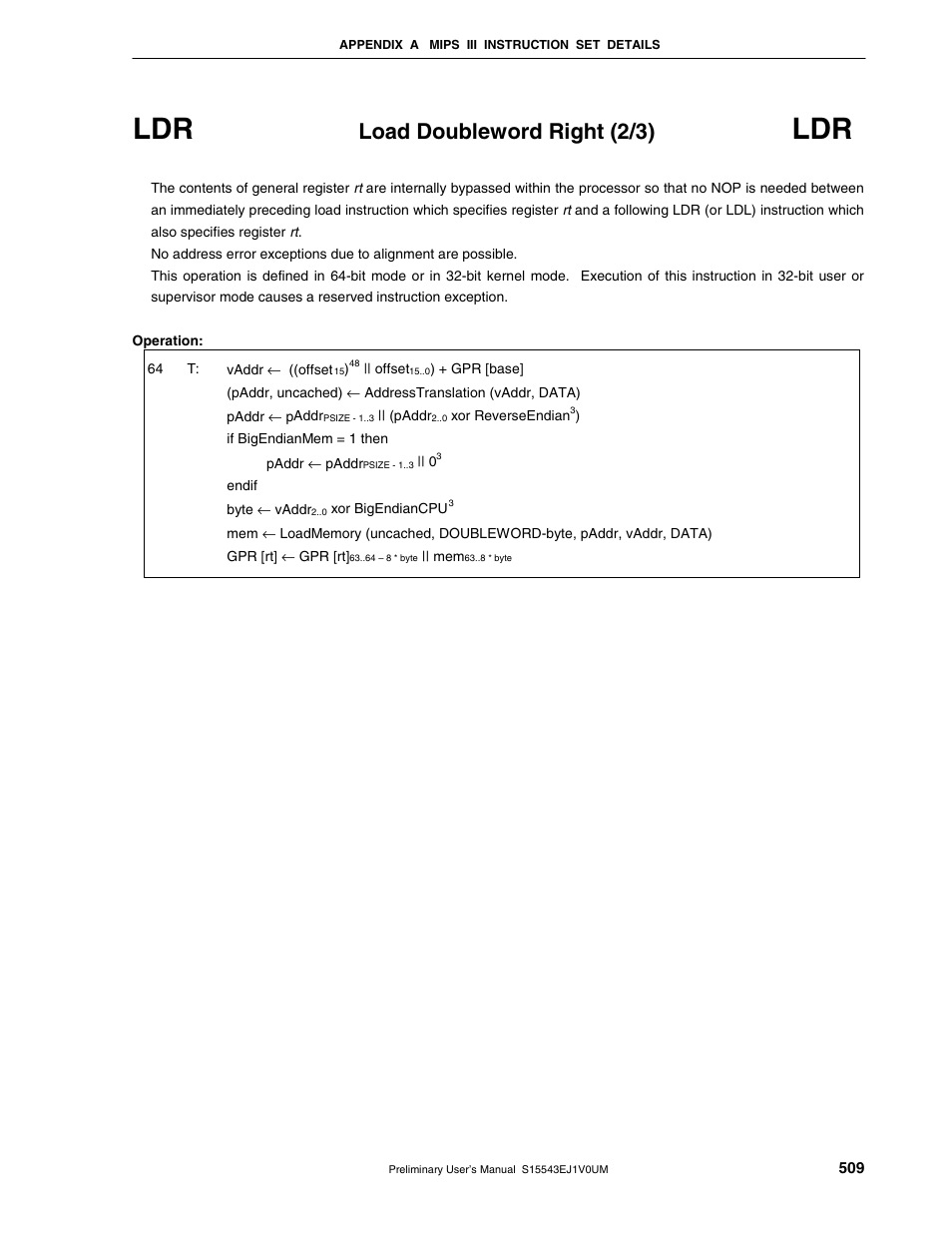 Load doubleword right (2/3) | NEC Network Controller uPD98502 User Manual | Page 509 / 595