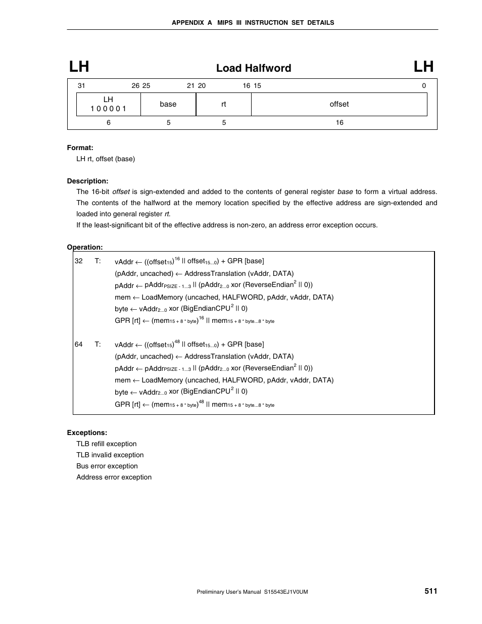 Load halfword | NEC Network Controller uPD98502 User Manual | Page 511 / 595