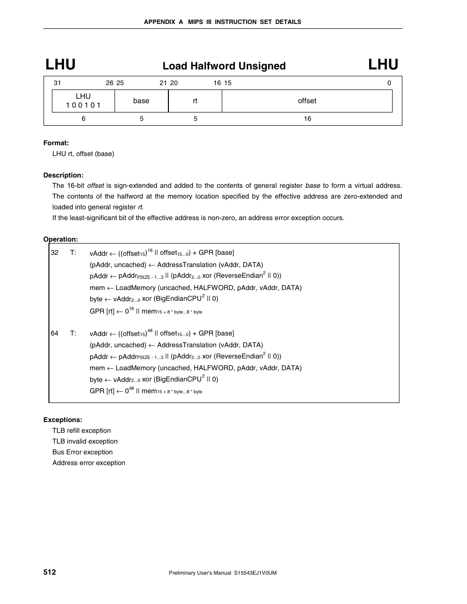 Load halfword unsigned | NEC Network Controller uPD98502 User Manual | Page 512 / 595