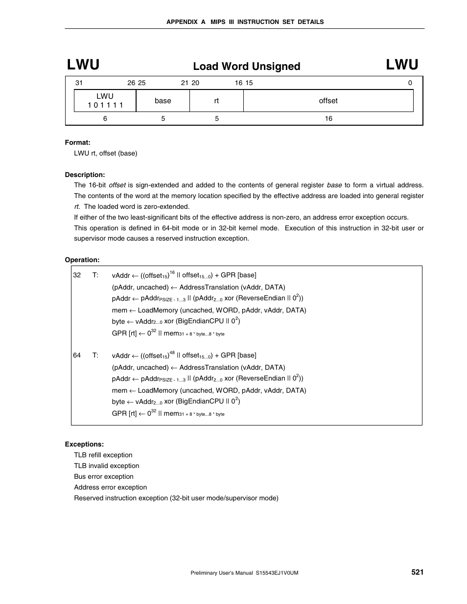 Load word unsigned | NEC Network Controller uPD98502 User Manual | Page 521 / 595