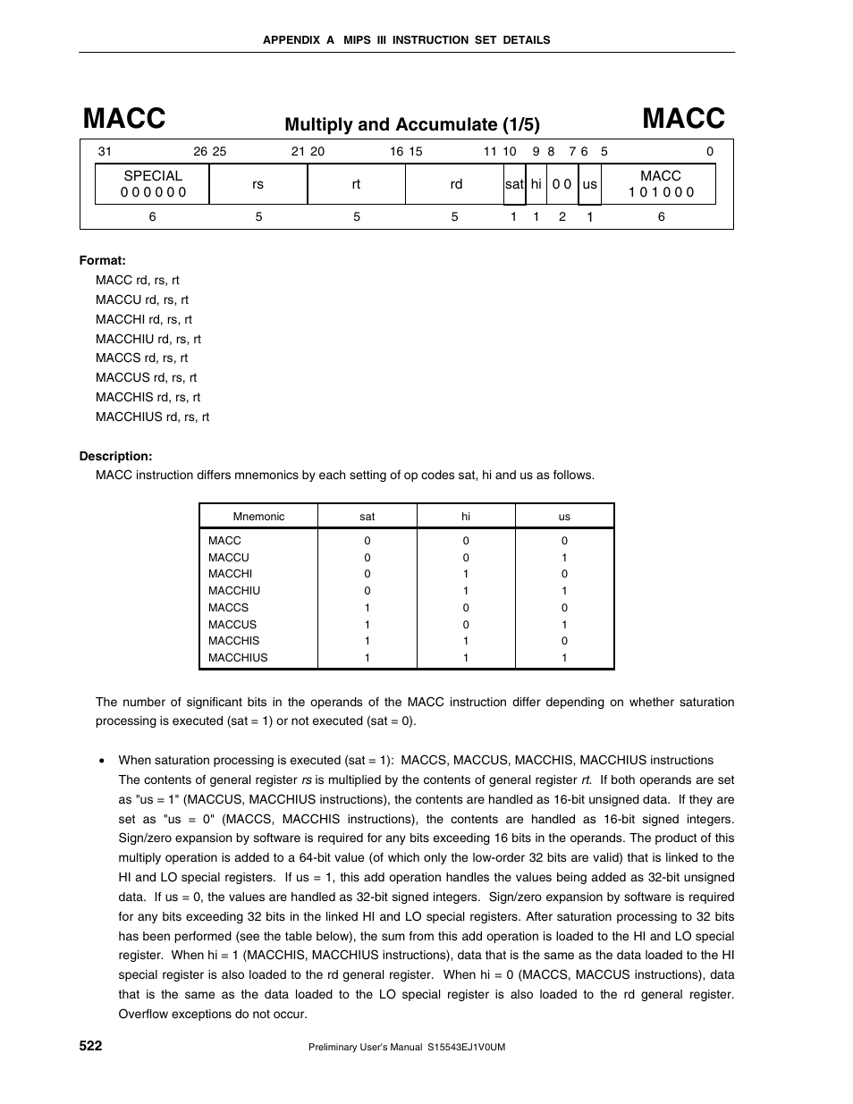 Macc, Multiply and accumulate (1/5) | NEC Network Controller uPD98502 User Manual | Page 522 / 595