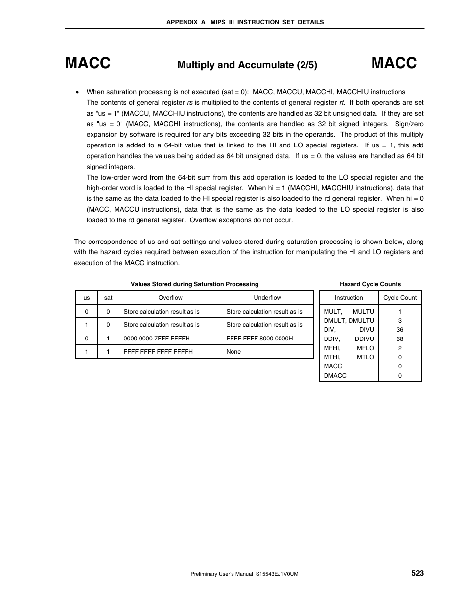 Macc, Multiply and accumulate (2/5) | NEC Network Controller uPD98502 User Manual | Page 523 / 595