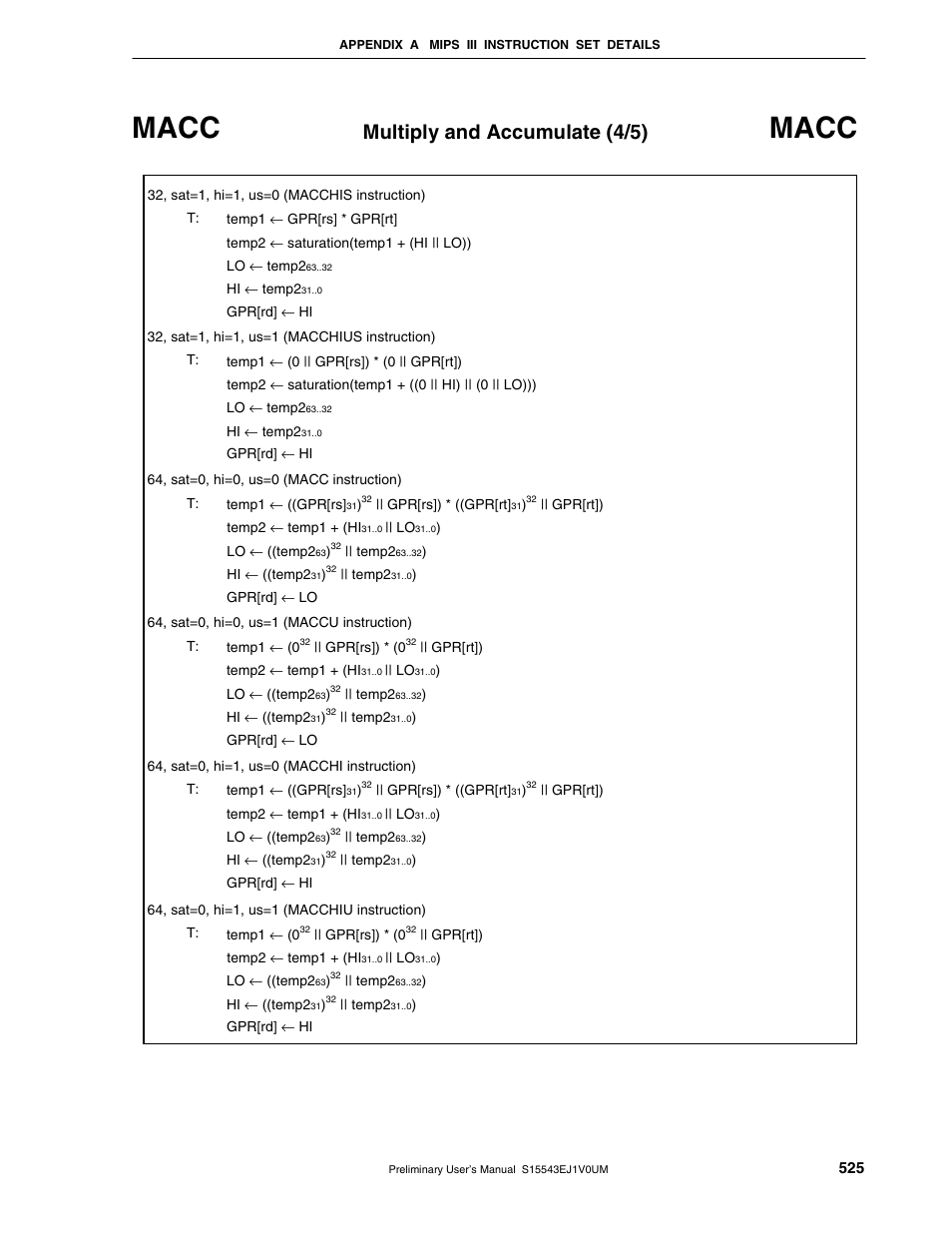 Macc, Multiply and accumulate (4/5) | NEC Network Controller uPD98502 User Manual | Page 525 / 595