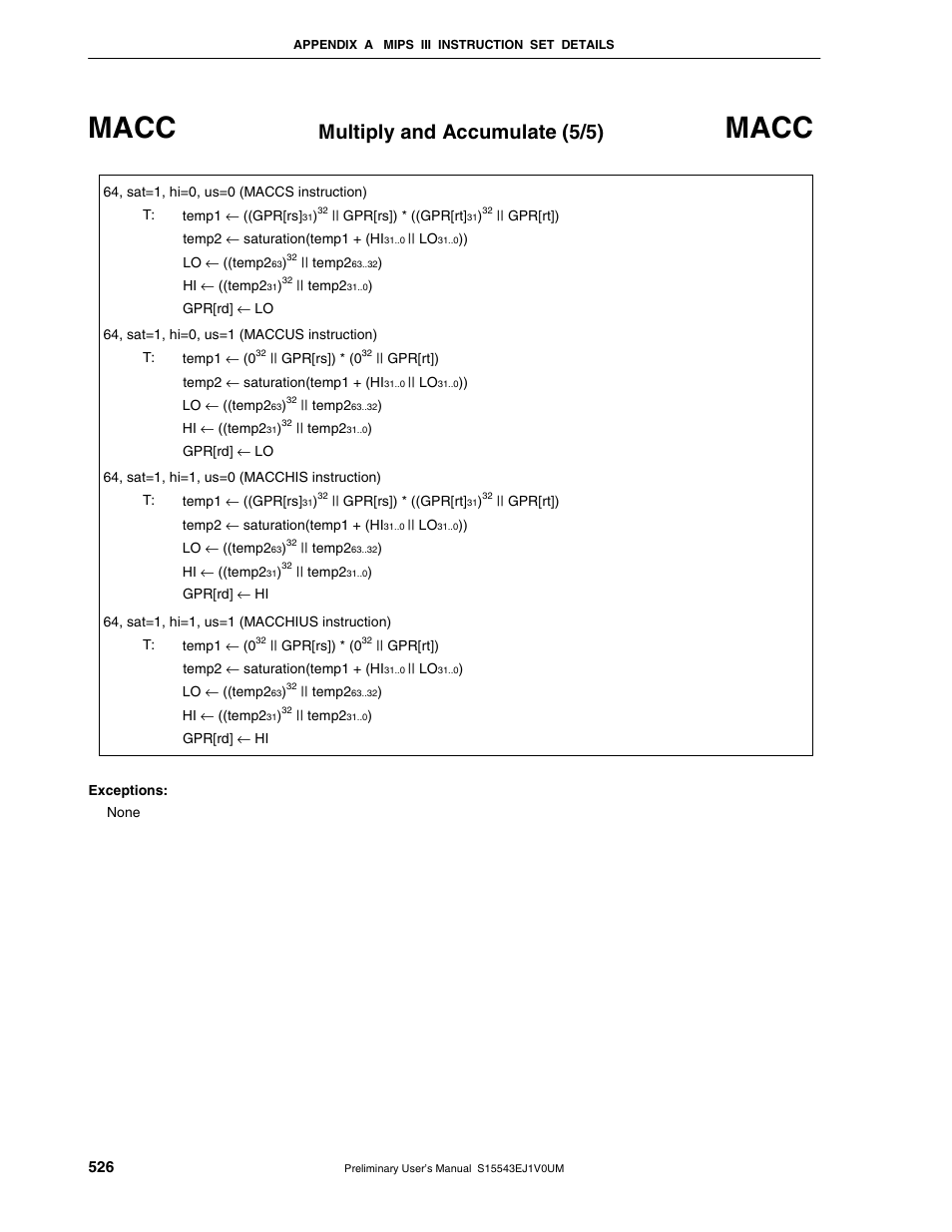 Macc, Multiply and accumulate (5/5) | NEC Network Controller uPD98502 User Manual | Page 526 / 595