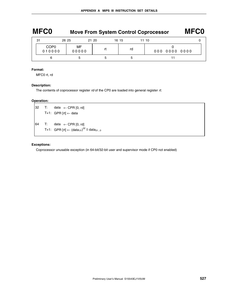 Mfc0, Move from system control coprocessor | NEC Network Controller uPD98502 User Manual | Page 527 / 595