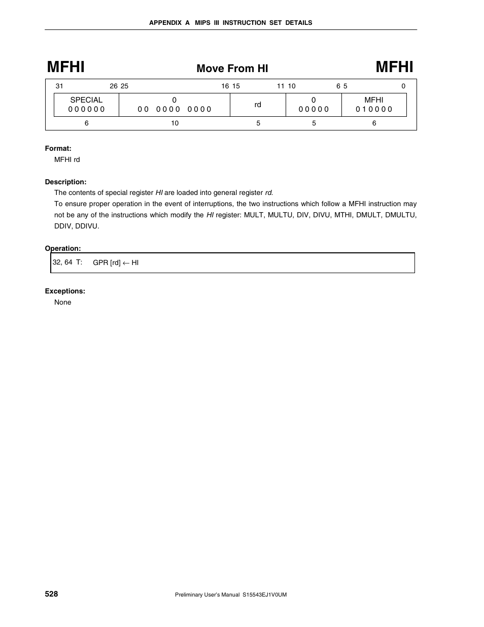 Mfhi, Move from hi | NEC Network Controller uPD98502 User Manual | Page 528 / 595