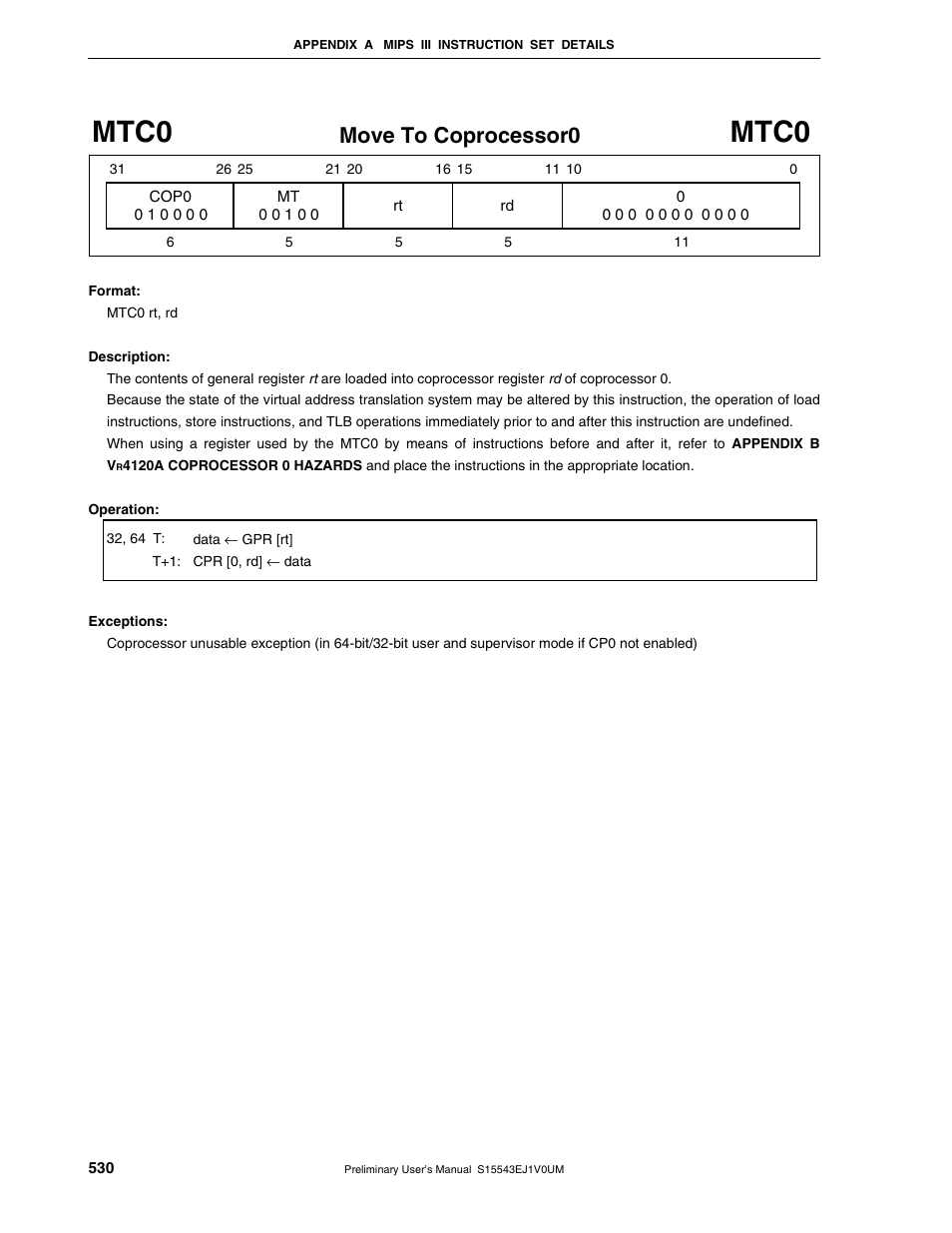Mtc0, Move to coprocessor0 | NEC Network Controller uPD98502 User Manual | Page 530 / 595