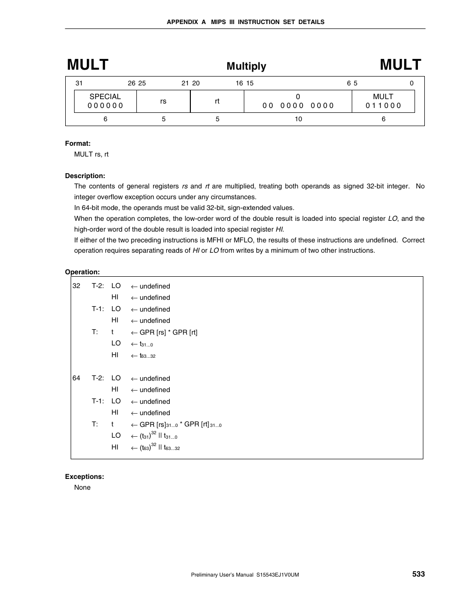 Mult, Multiply | NEC Network Controller uPD98502 User Manual | Page 533 / 595