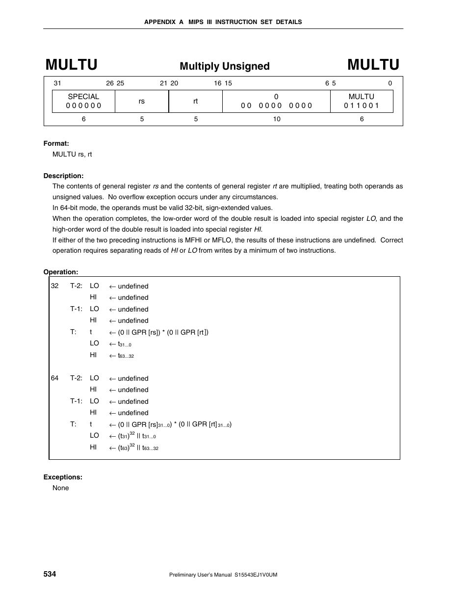 Multu, Multiply unsigned | NEC Network Controller uPD98502 User Manual | Page 534 / 595