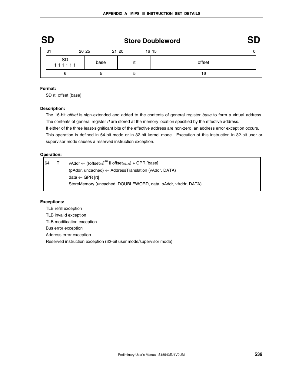 Store doubleword | NEC Network Controller uPD98502 User Manual | Page 539 / 595
