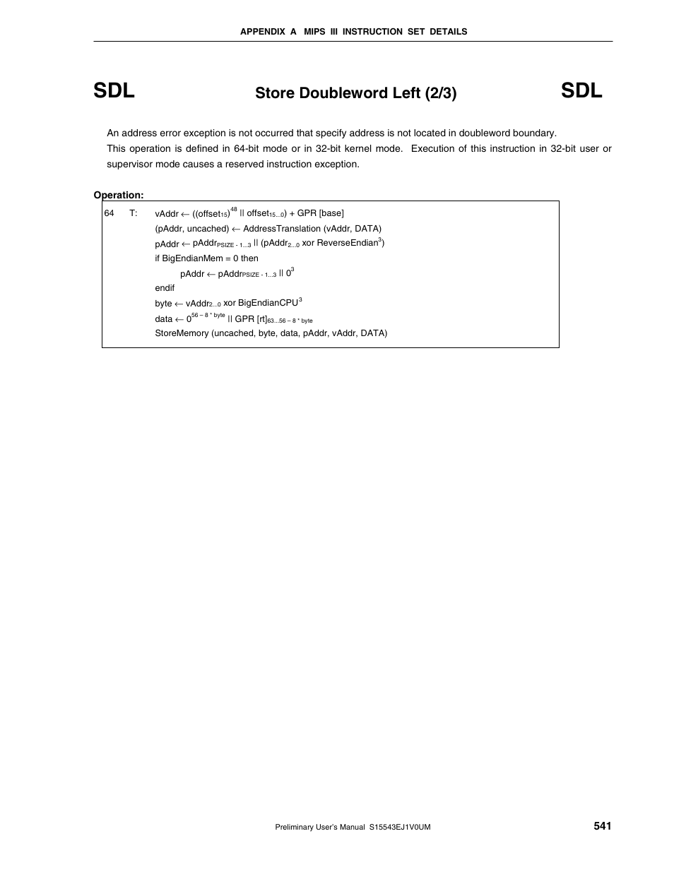 Store doubleword left (2/3) | NEC Network Controller uPD98502 User Manual | Page 541 / 595