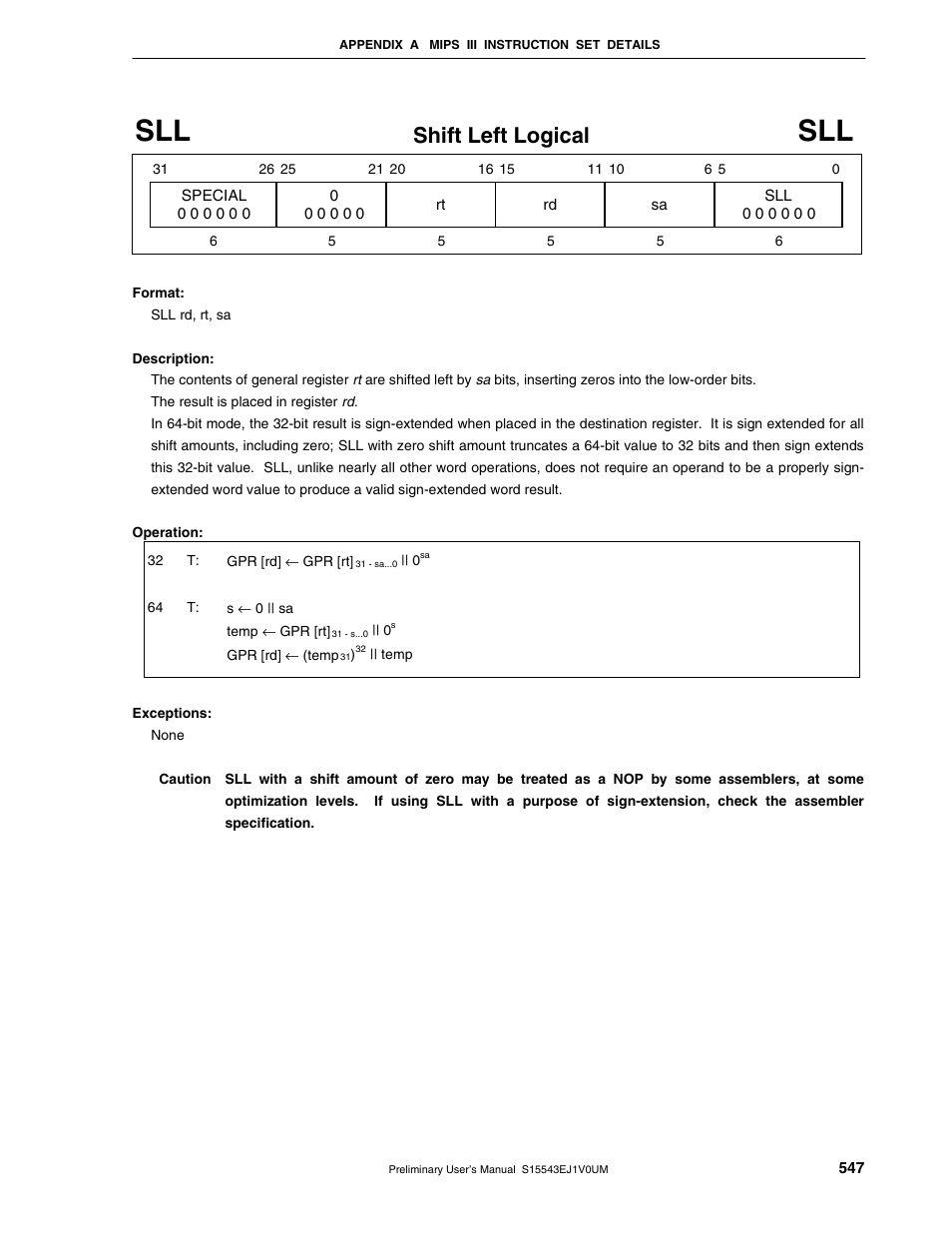 Shift left logical | NEC Network Controller uPD98502 User Manual | Page 547 / 595
