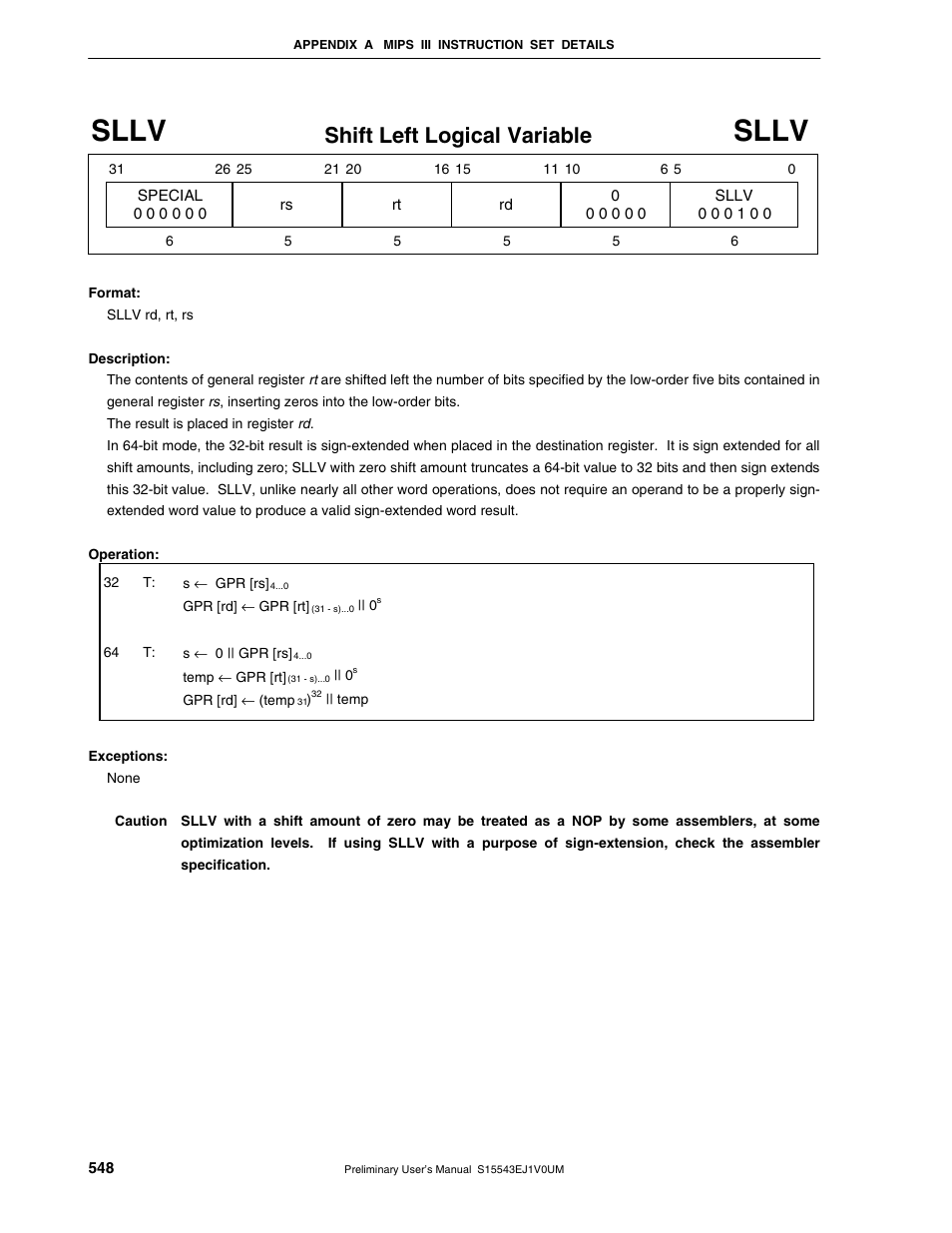 Sllv, Shift left logical variable | NEC Network Controller uPD98502 User Manual | Page 548 / 595