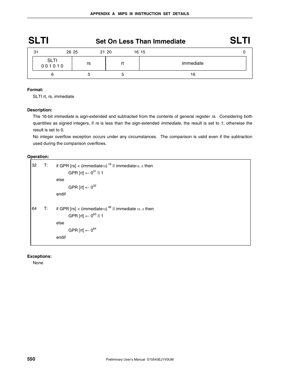 Slti, Set on less than immediate | NEC Network Controller uPD98502 User Manual | Page 550 / 595