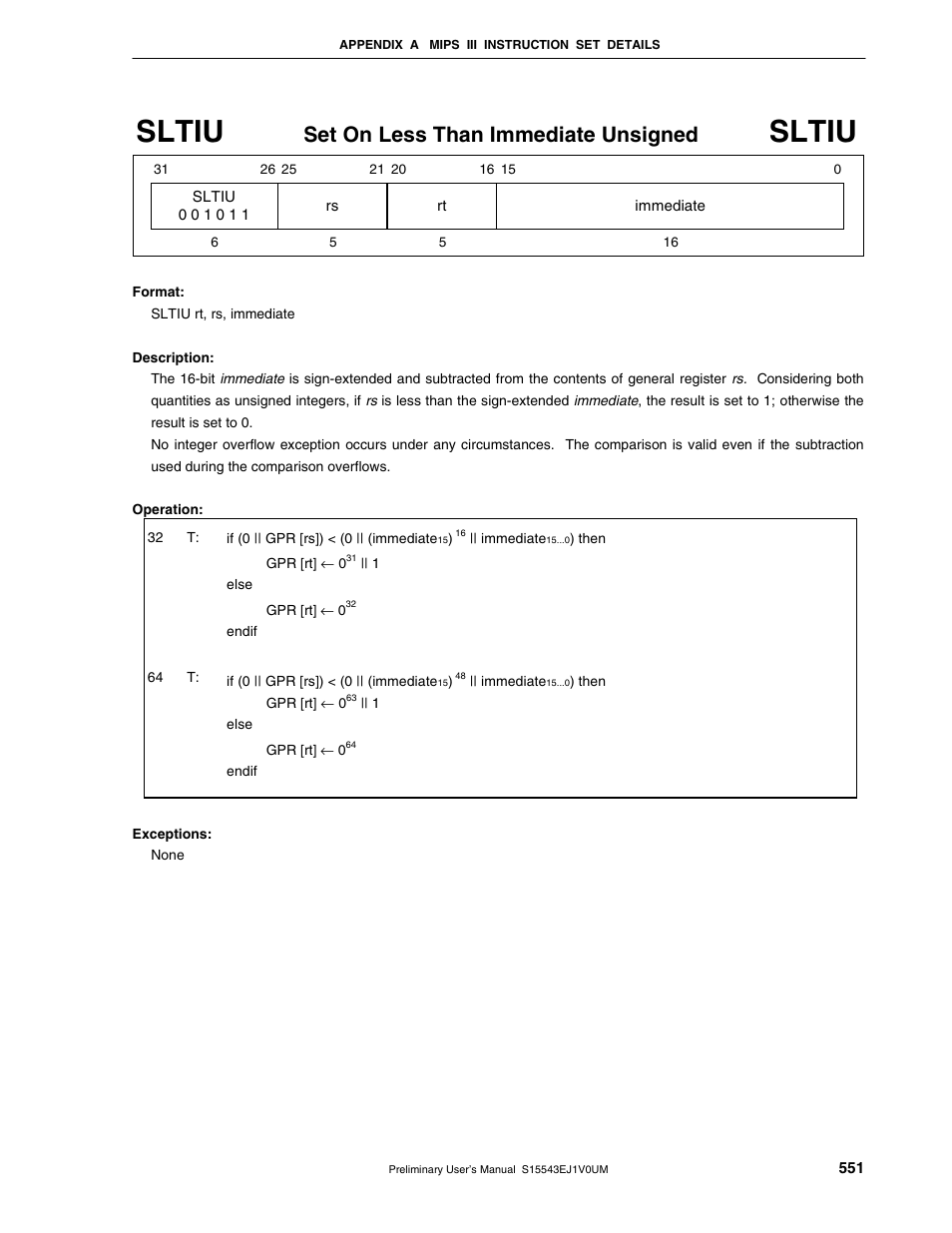 Sltiu, Set on less than immediate unsigned | NEC Network Controller uPD98502 User Manual | Page 551 / 595