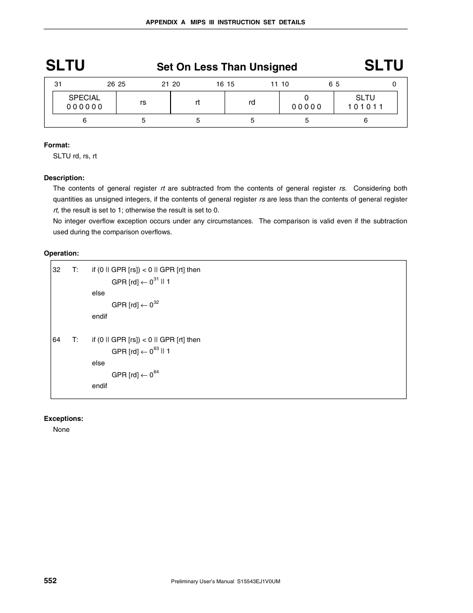 Sltu, Set on less than unsigned | NEC Network Controller uPD98502 User Manual | Page 552 / 595