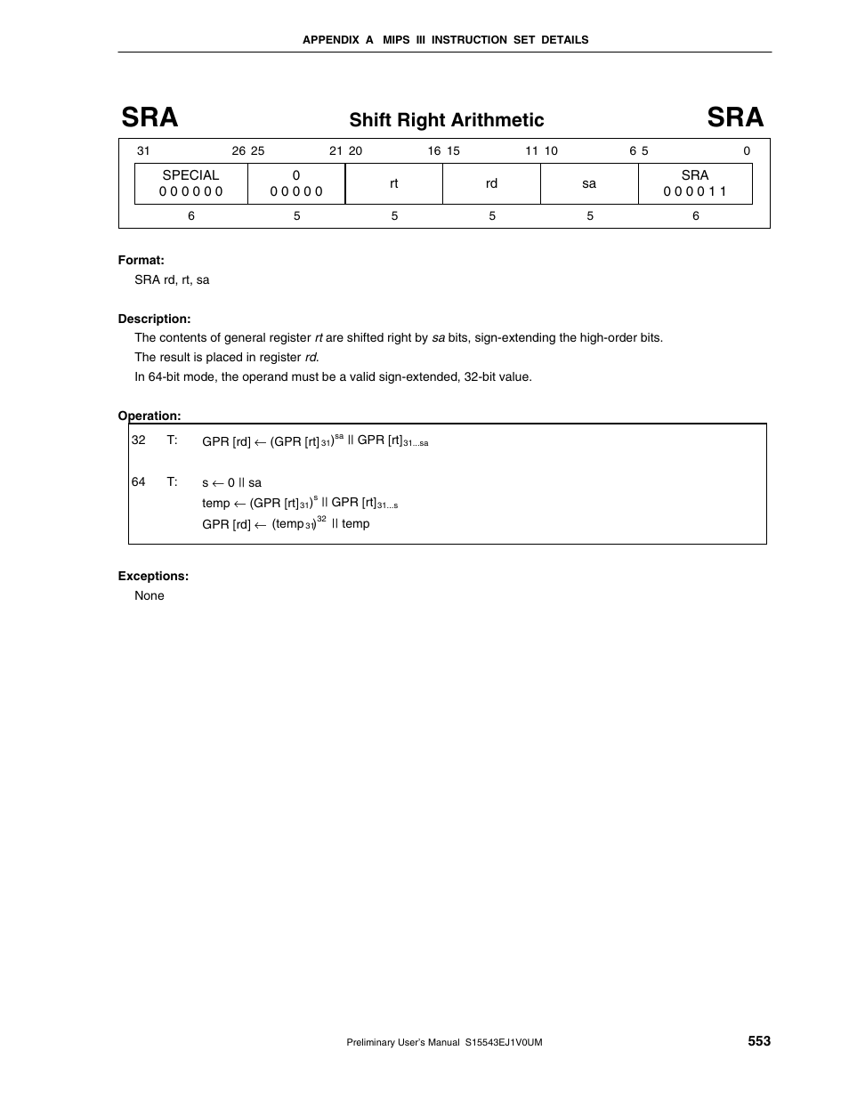 Shift right arithmetic | NEC Network Controller uPD98502 User Manual | Page 553 / 595
