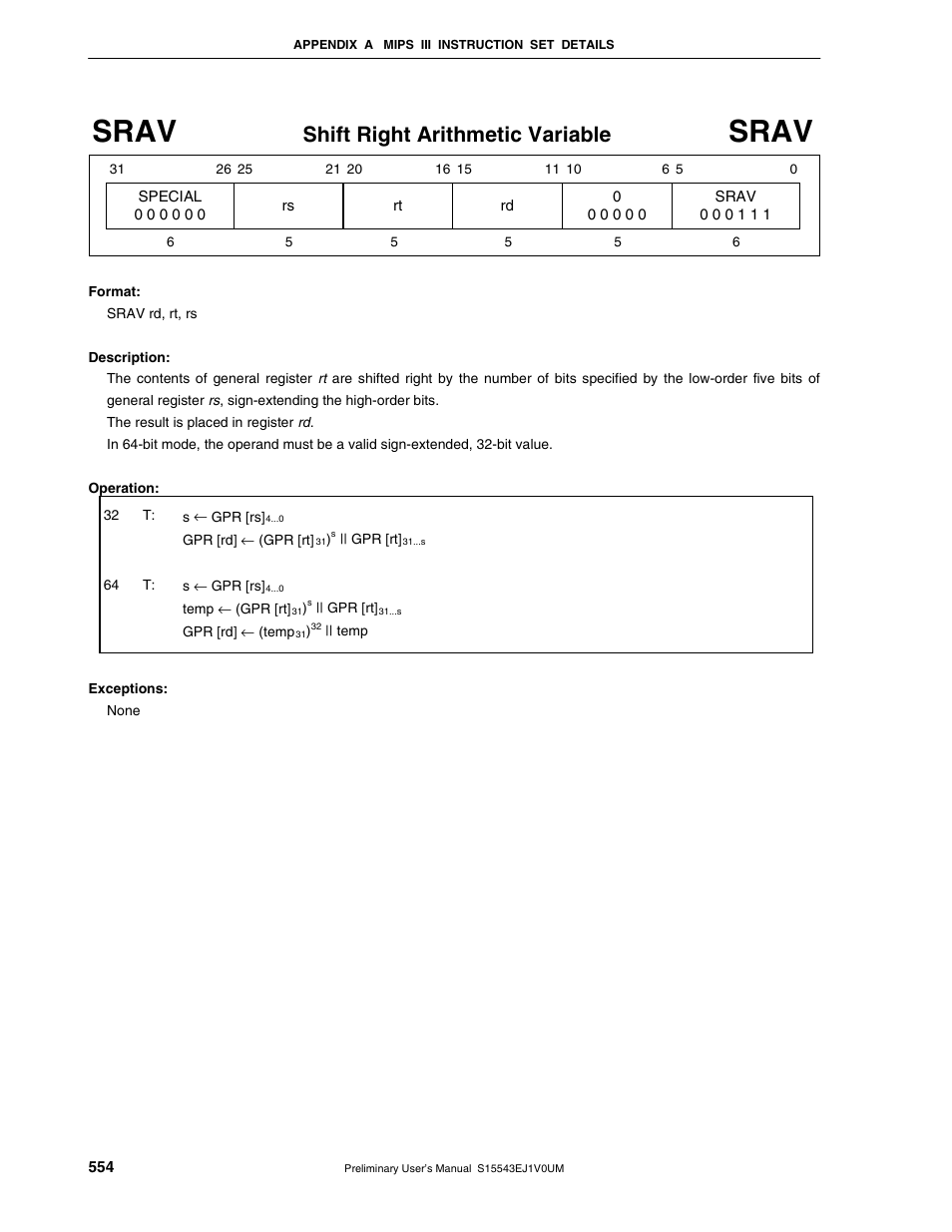 Srav, Shift right arithmetic variable | NEC Network Controller uPD98502 User Manual | Page 554 / 595