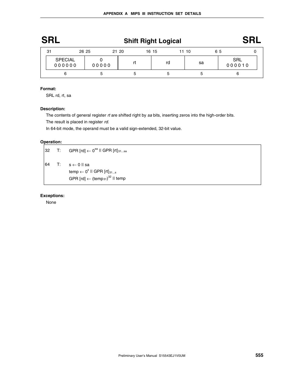 Shift right logical | NEC Network Controller uPD98502 User Manual | Page 555 / 595