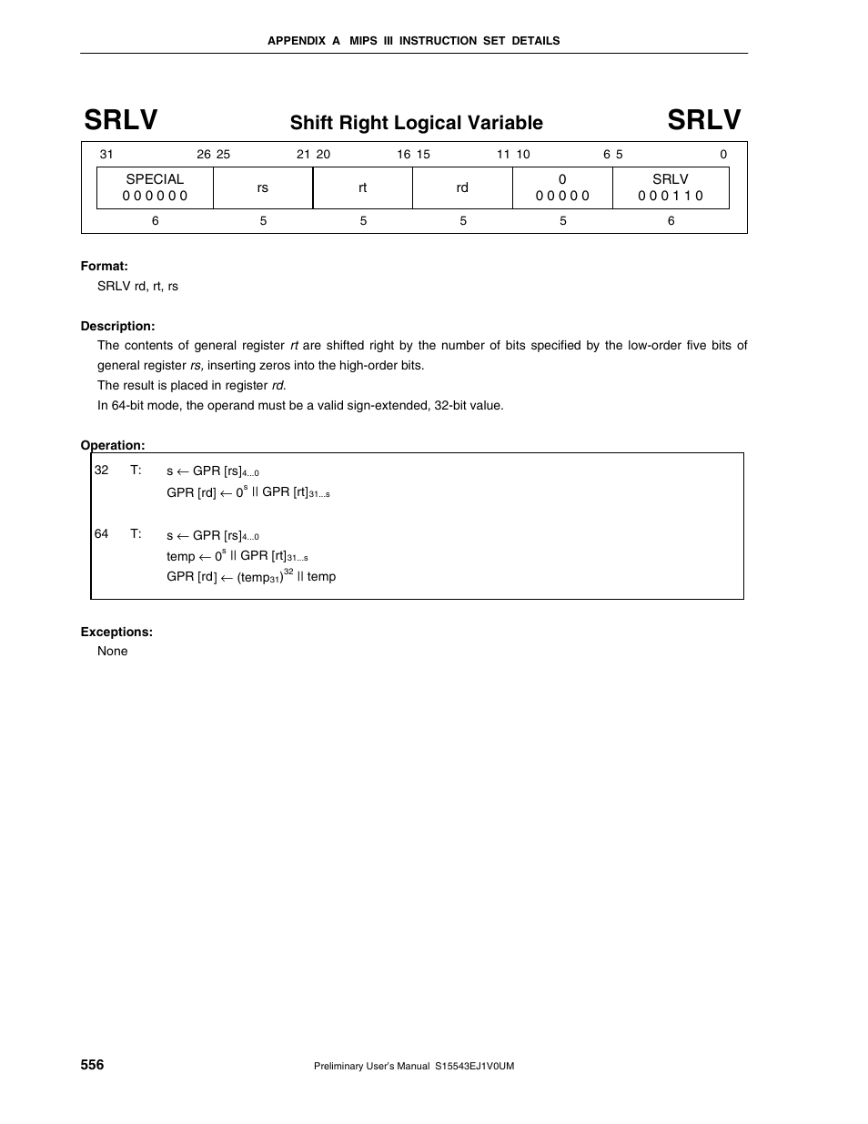 Srlv, Shift right logical variable | NEC Network Controller uPD98502 User Manual | Page 556 / 595