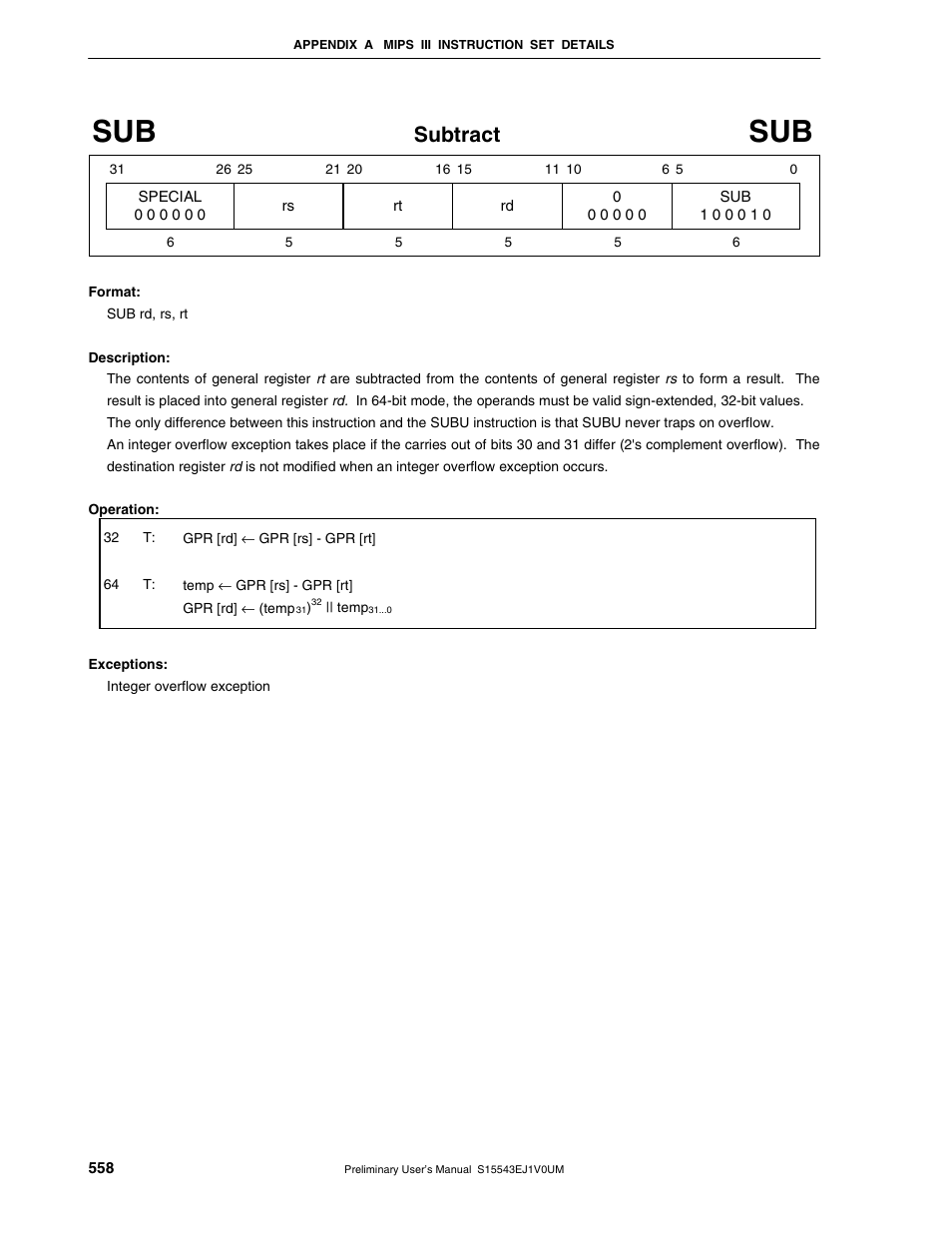 Subtract | NEC Network Controller uPD98502 User Manual | Page 558 / 595
