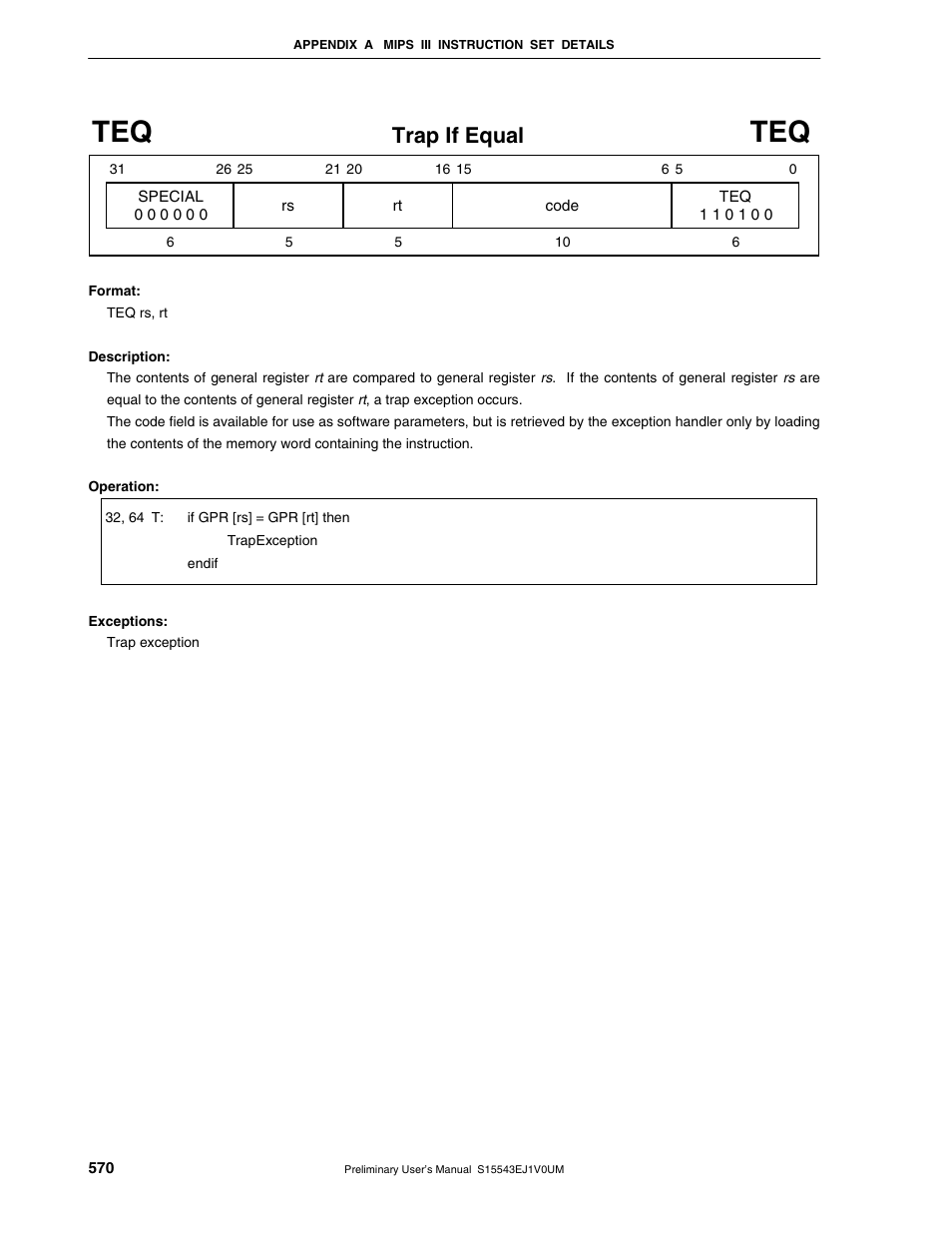 Trap if equal | NEC Network Controller uPD98502 User Manual | Page 570 / 595