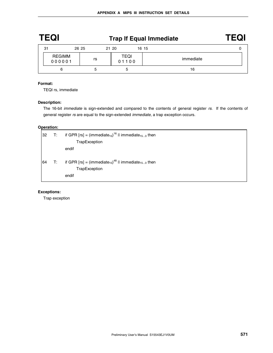 Teqi, Trap if equal immediate | NEC Network Controller uPD98502 User Manual | Page 571 / 595