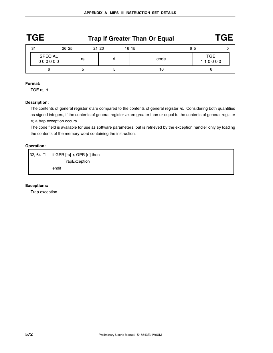 Trap if greater than or equal | NEC Network Controller uPD98502 User Manual | Page 572 / 595