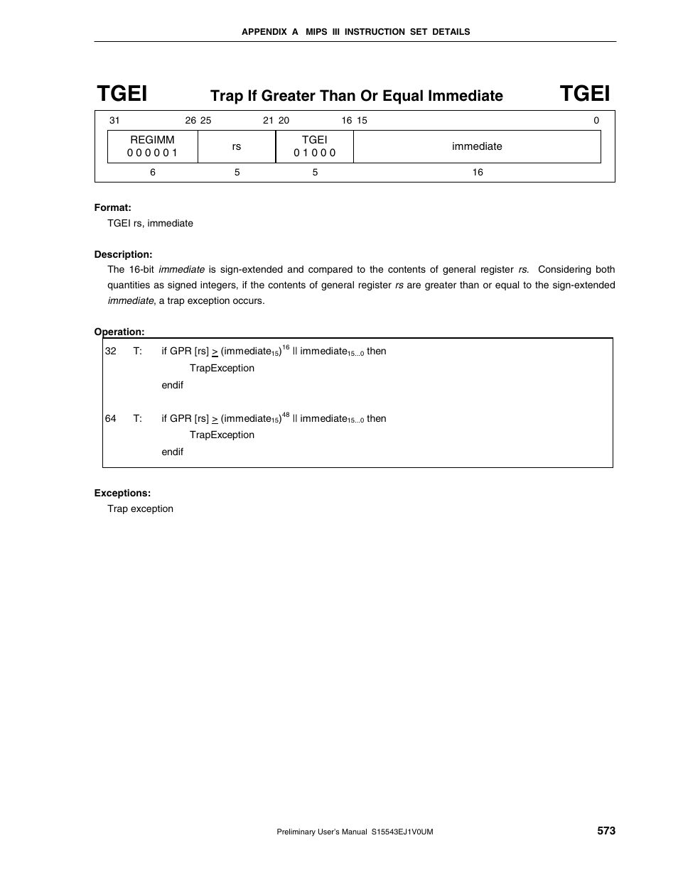 Tgei, Trap if greater than or equal immediate | NEC Network Controller uPD98502 User Manual | Page 573 / 595