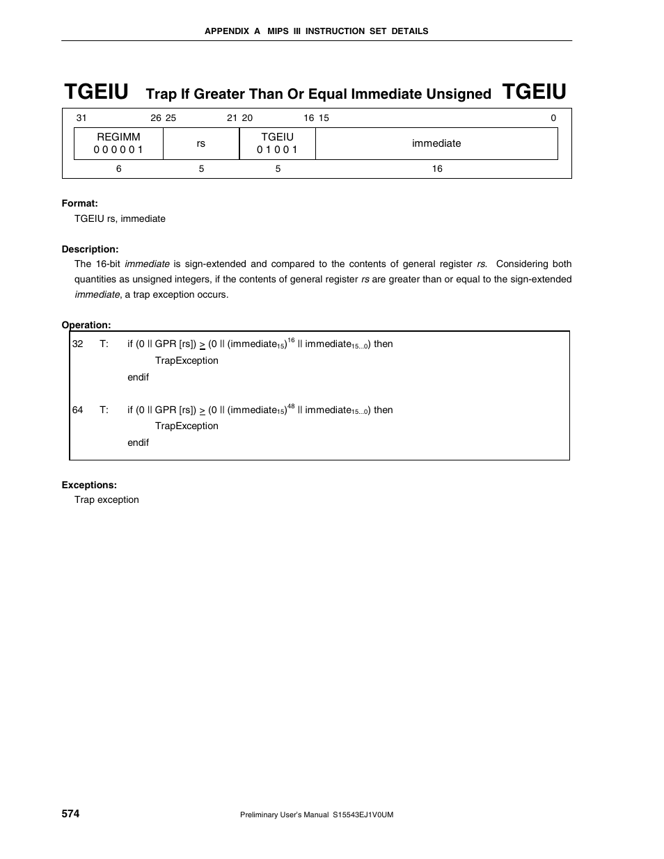 Tgeiu, Trap if greater than or equal immediate unsigned | NEC Network Controller uPD98502 User Manual | Page 574 / 595