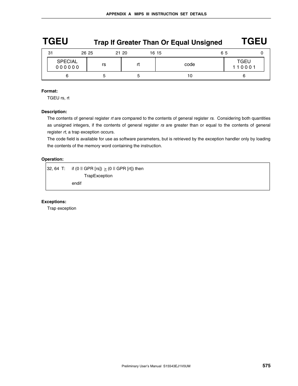 Tgeu, Trap if greater than or equal unsigned | NEC Network Controller uPD98502 User Manual | Page 575 / 595