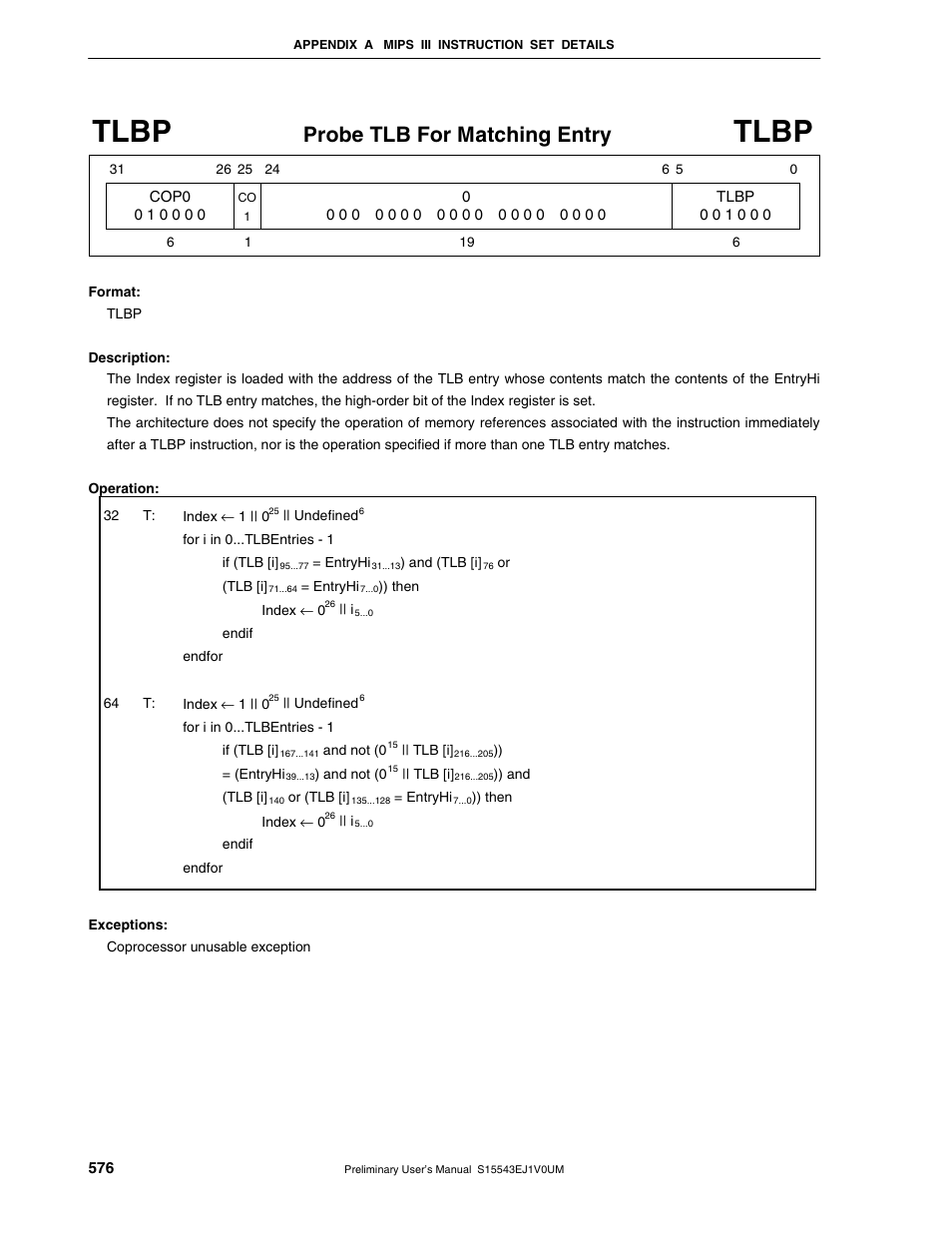 Tlbp, Probe tlb for matching entry | NEC Network Controller uPD98502 User Manual | Page 576 / 595