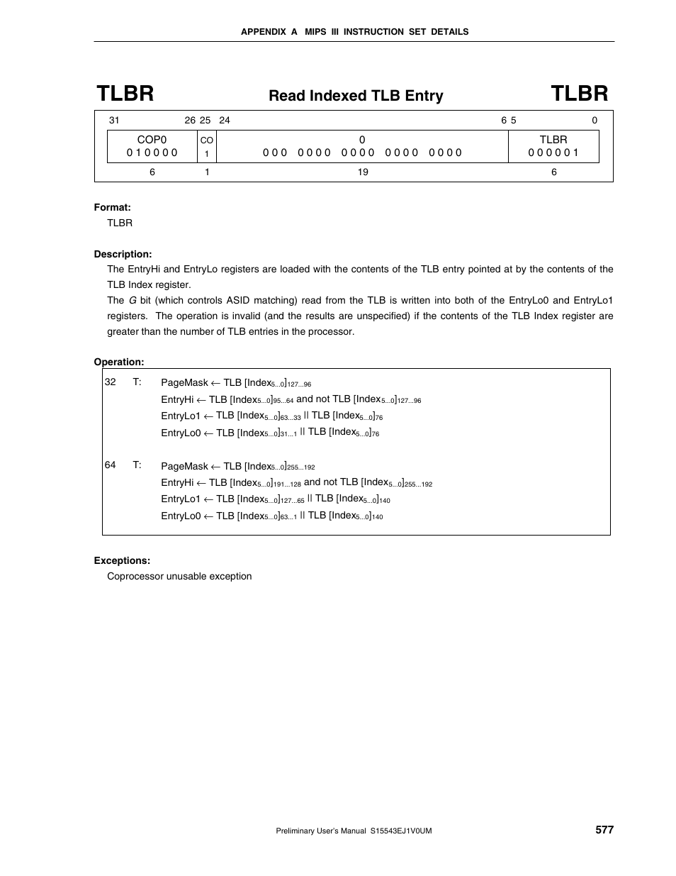 Tlbr, Read indexed tlb entry | NEC Network Controller uPD98502 User Manual | Page 577 / 595