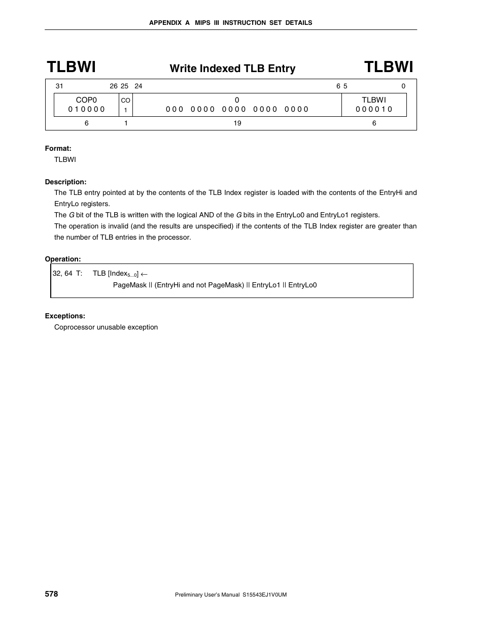 Tlbwi, Write indexed tlb entry | NEC Network Controller uPD98502 User Manual | Page 578 / 595