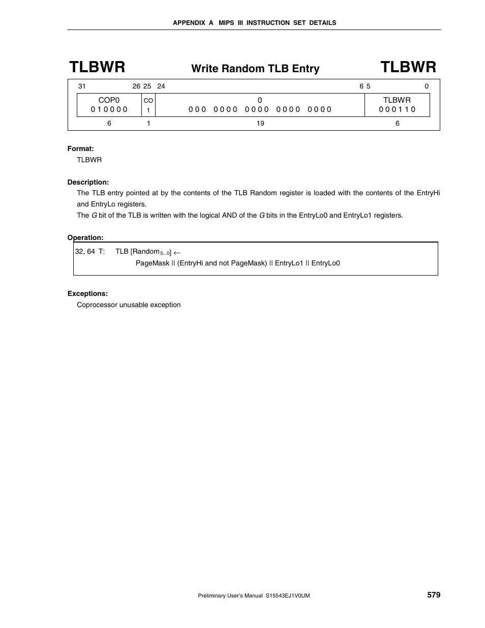 Tlbwr, Write random tlb entry | NEC Network Controller uPD98502 User Manual | Page 579 / 595